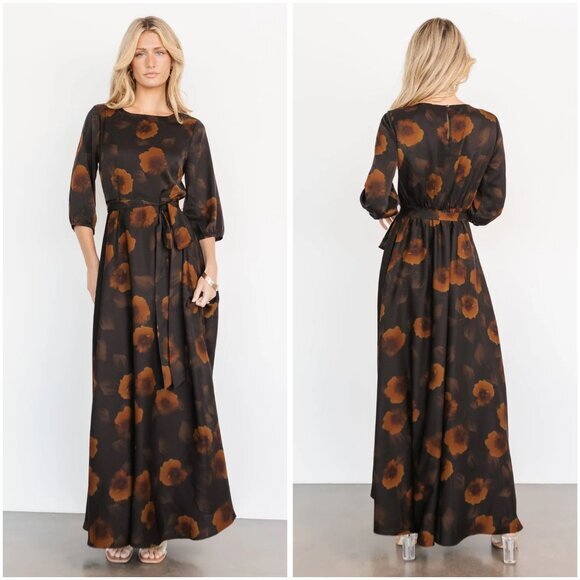 Baltic Born Paula Satin Maxi Dress in Deep Brown Floral Size M NWOT - Picture 1 of 8